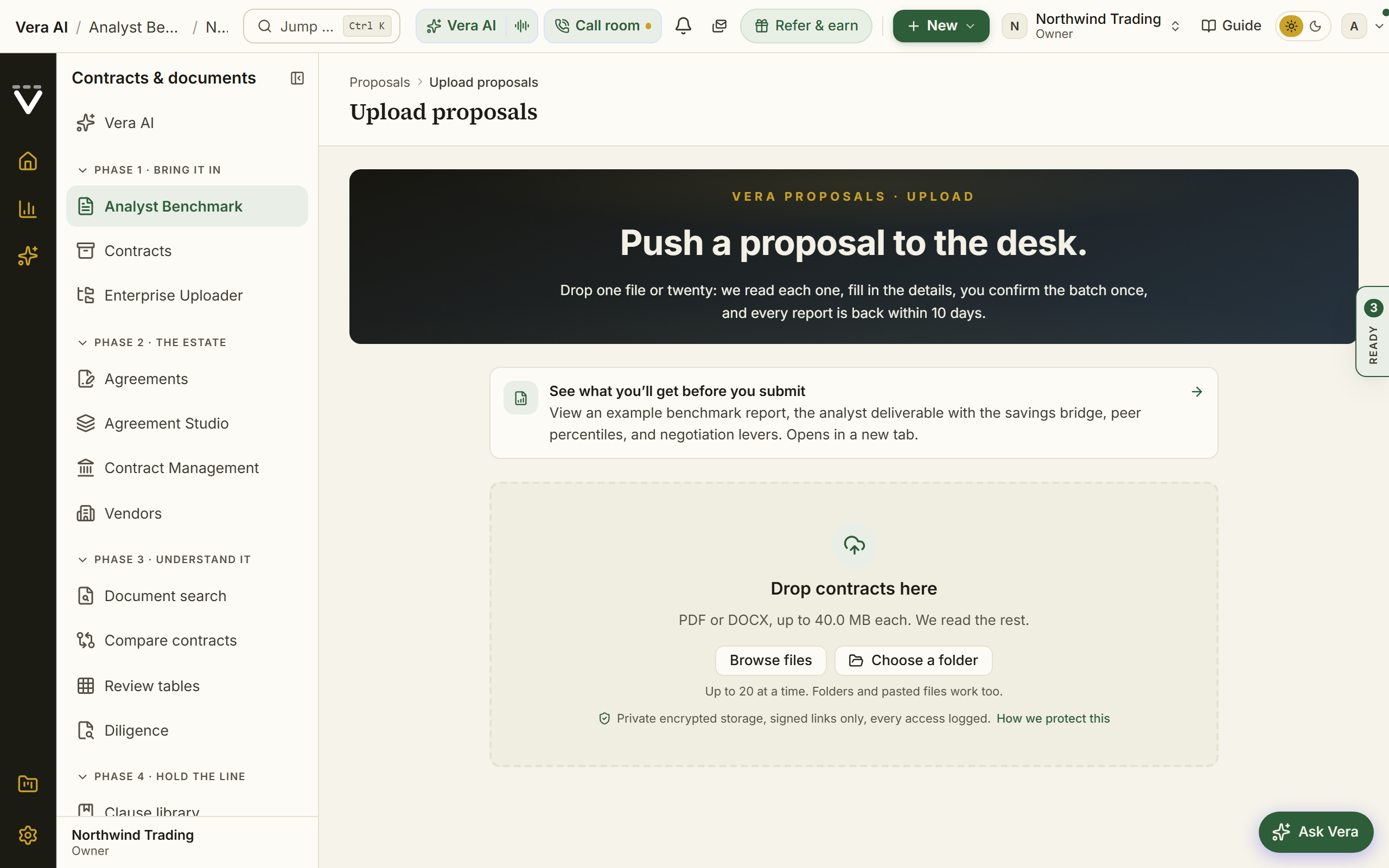 Upload a proposal: chips fill in as each file is read