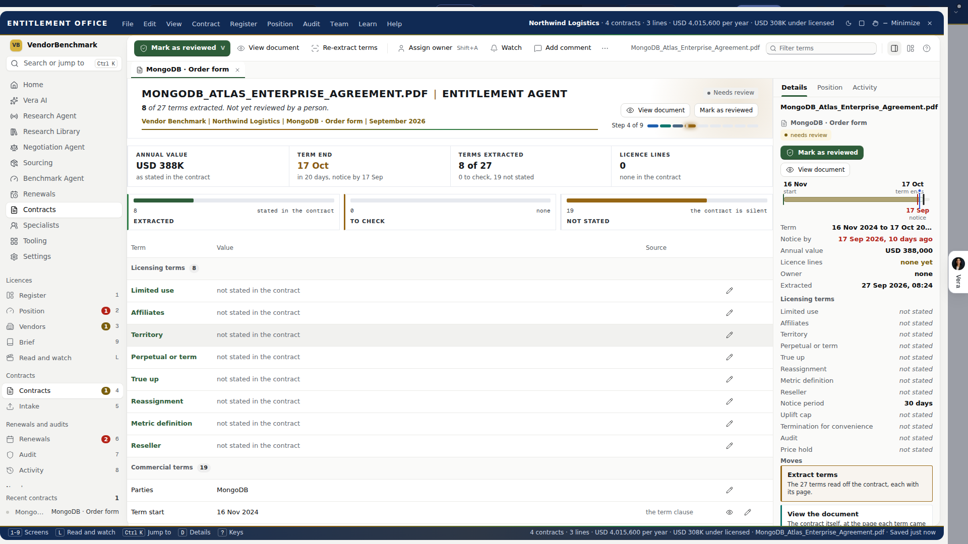 What you own, a contract open as a tab: the licensing terms next to the commercial terms, each with the page it came from