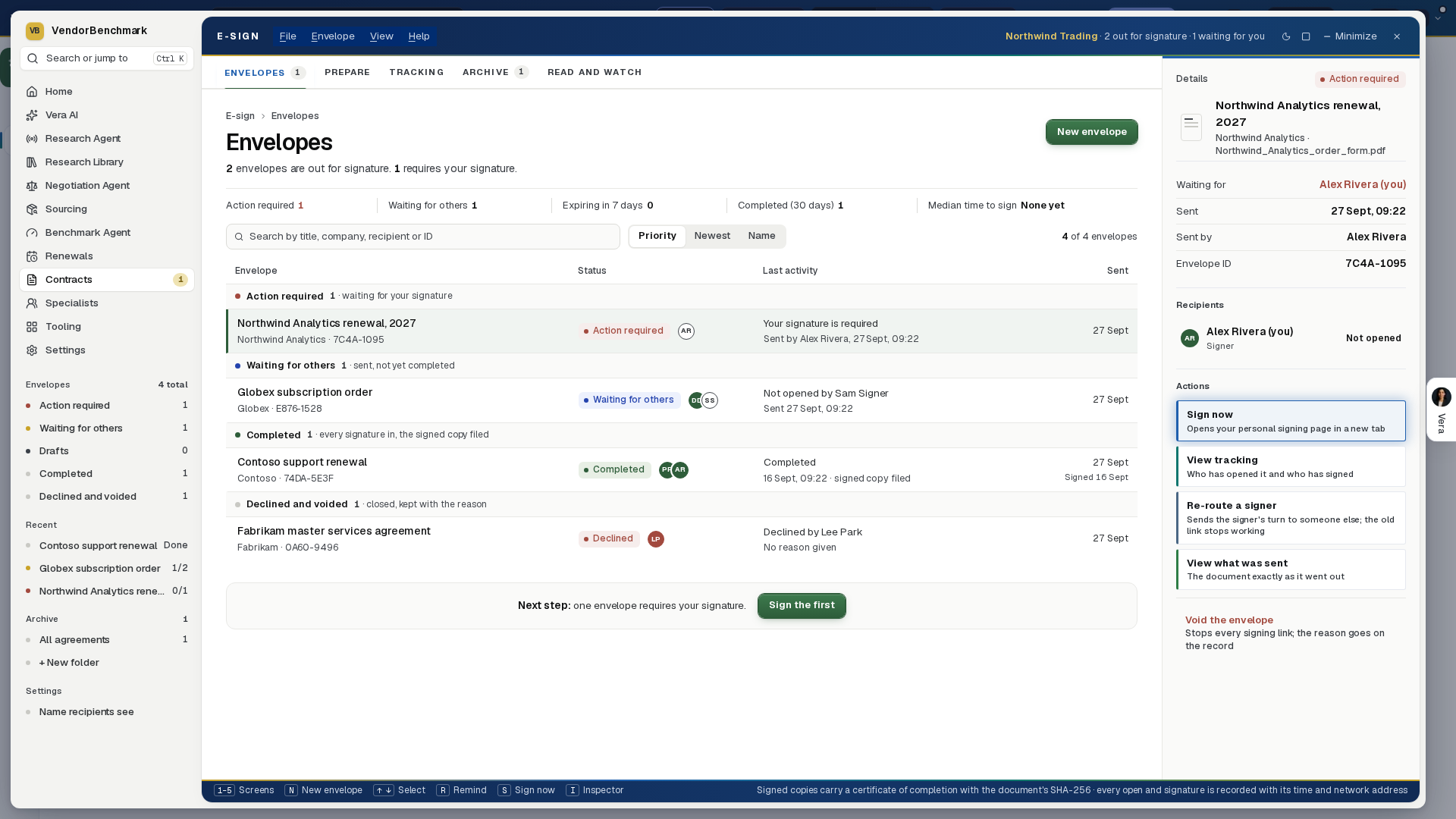E-sign with envelopes in every group: one waiting for your signature, one waiting for others, one signed and one declined, with the selected envelope's recipients and actions in the details on the right