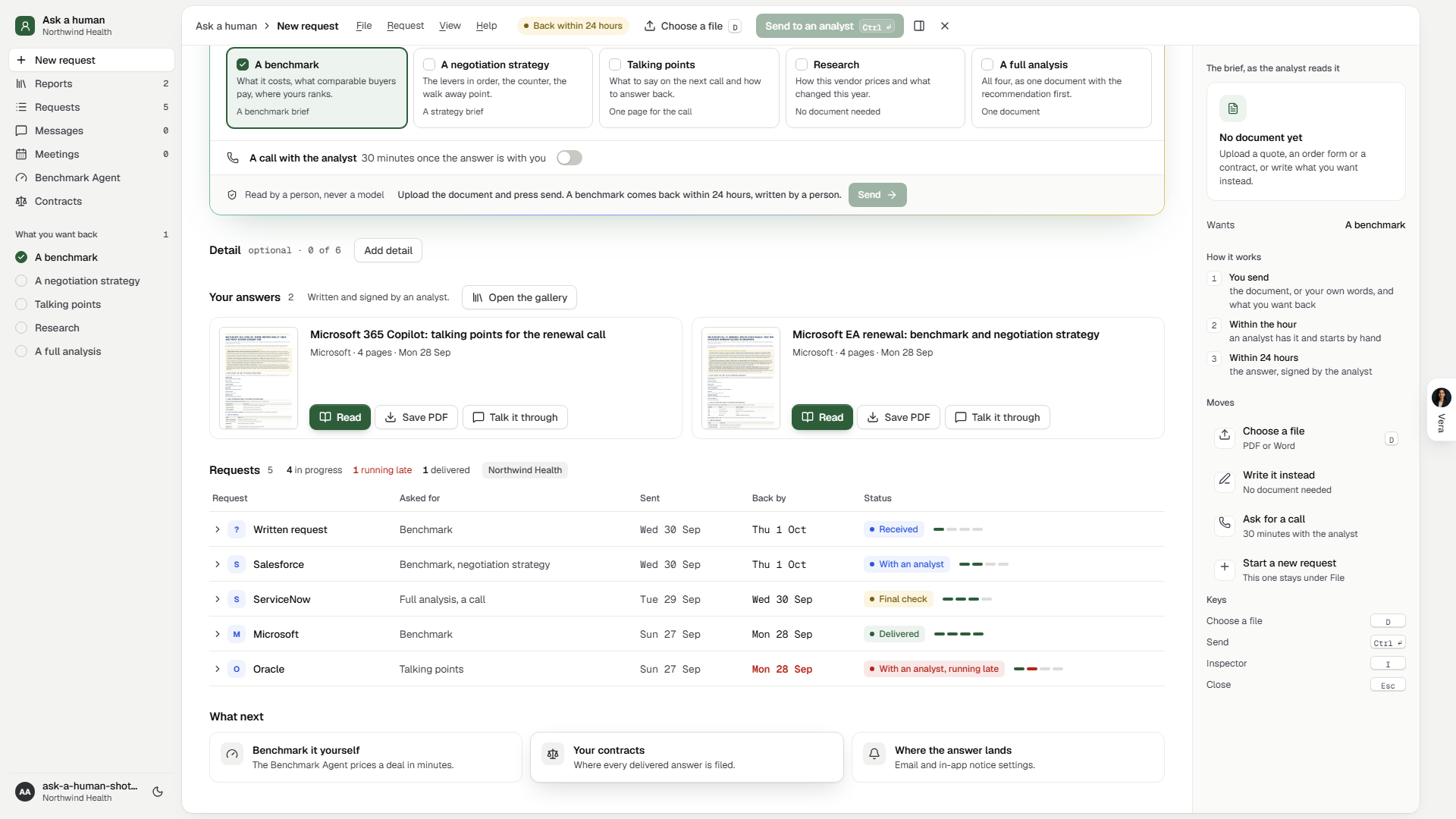 Ask a human, Your answers: two delivered answers with Read, Save PDF and Talk it through