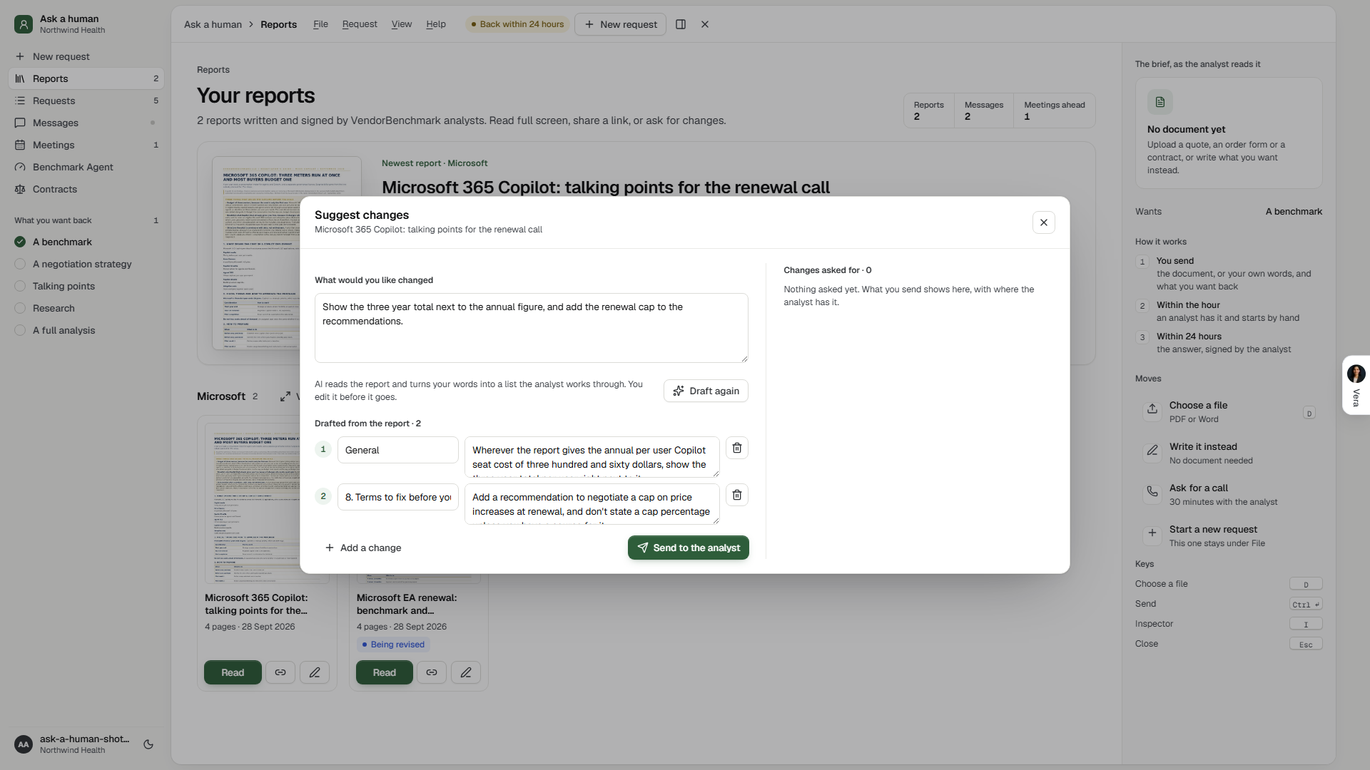 Ask a human, Suggest changes: the list AI drafted from the report, and the changes already asked for