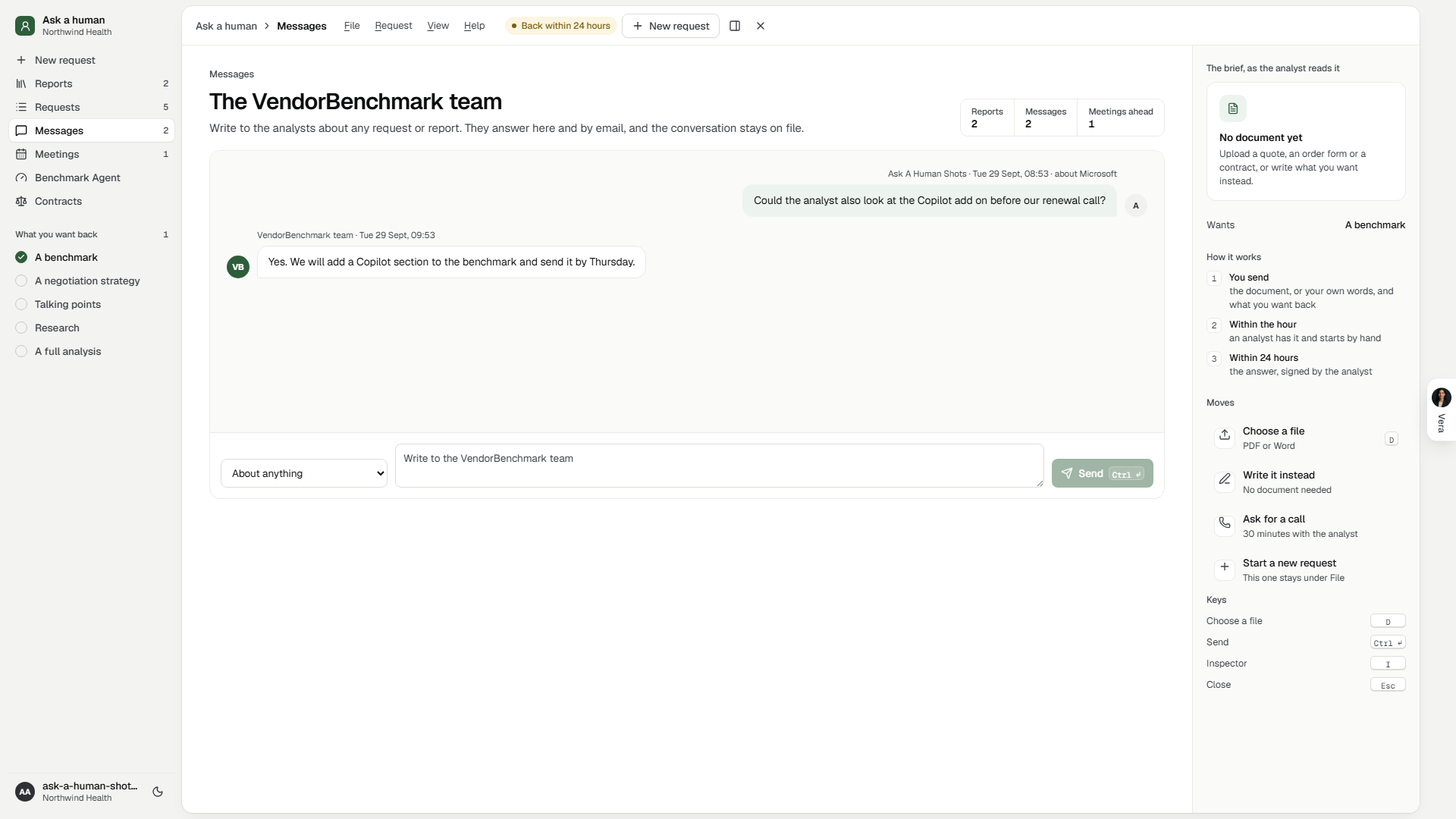 Ask a human, Messages: the conversation with the VendorBenchmark team