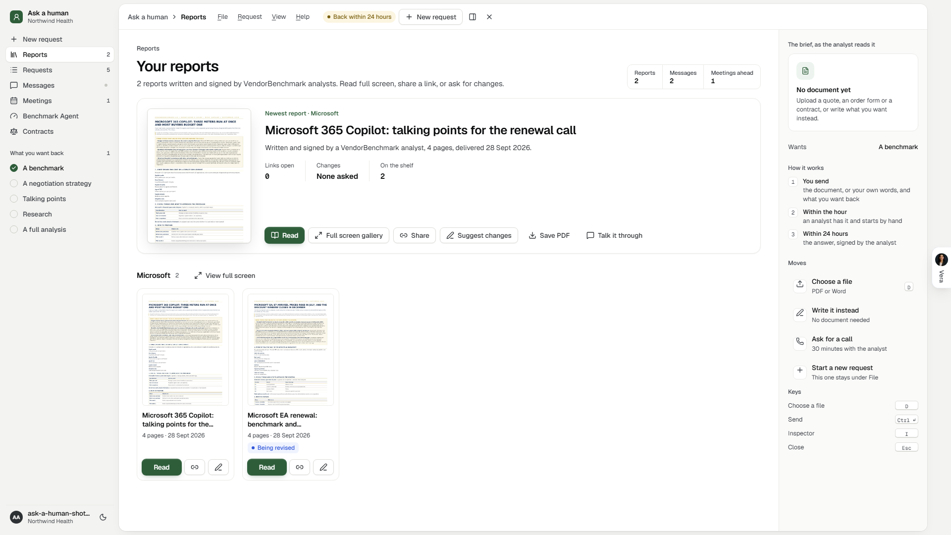 Ask a human, Reports: the newest report as the hero, then the Microsoft shelf