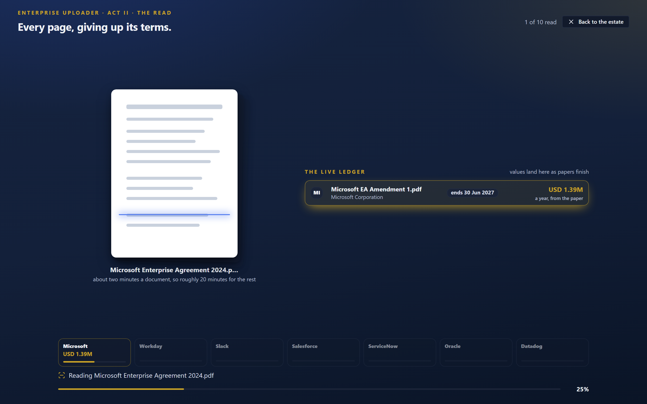 Watch the read: the paper under the beam, the live ledger, and the vendor wall filling folder by folder