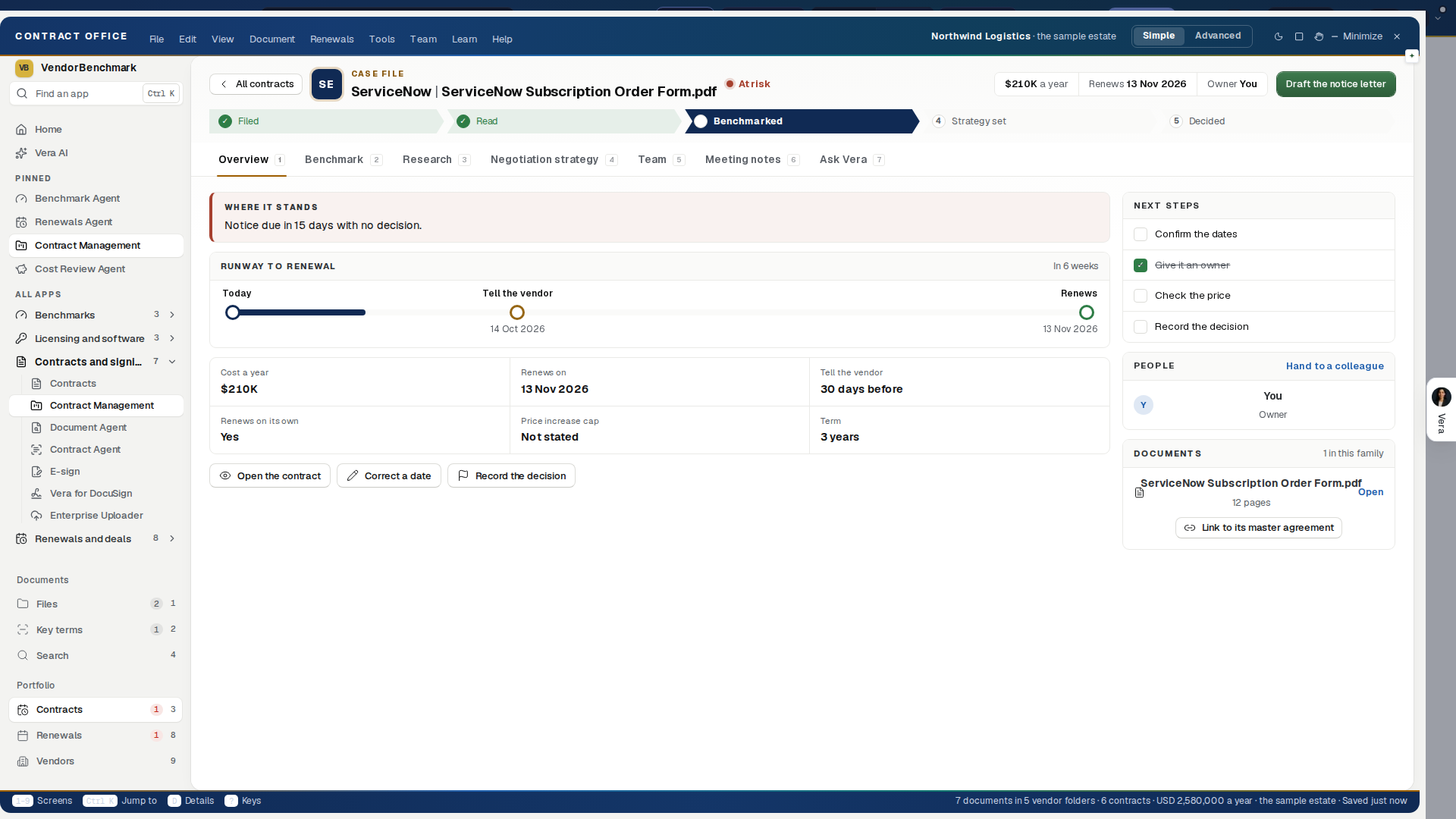 A contract's case room: the goal and the targets, the plan Vera wrote from the vendor and the dates, and the aside with the next key date
