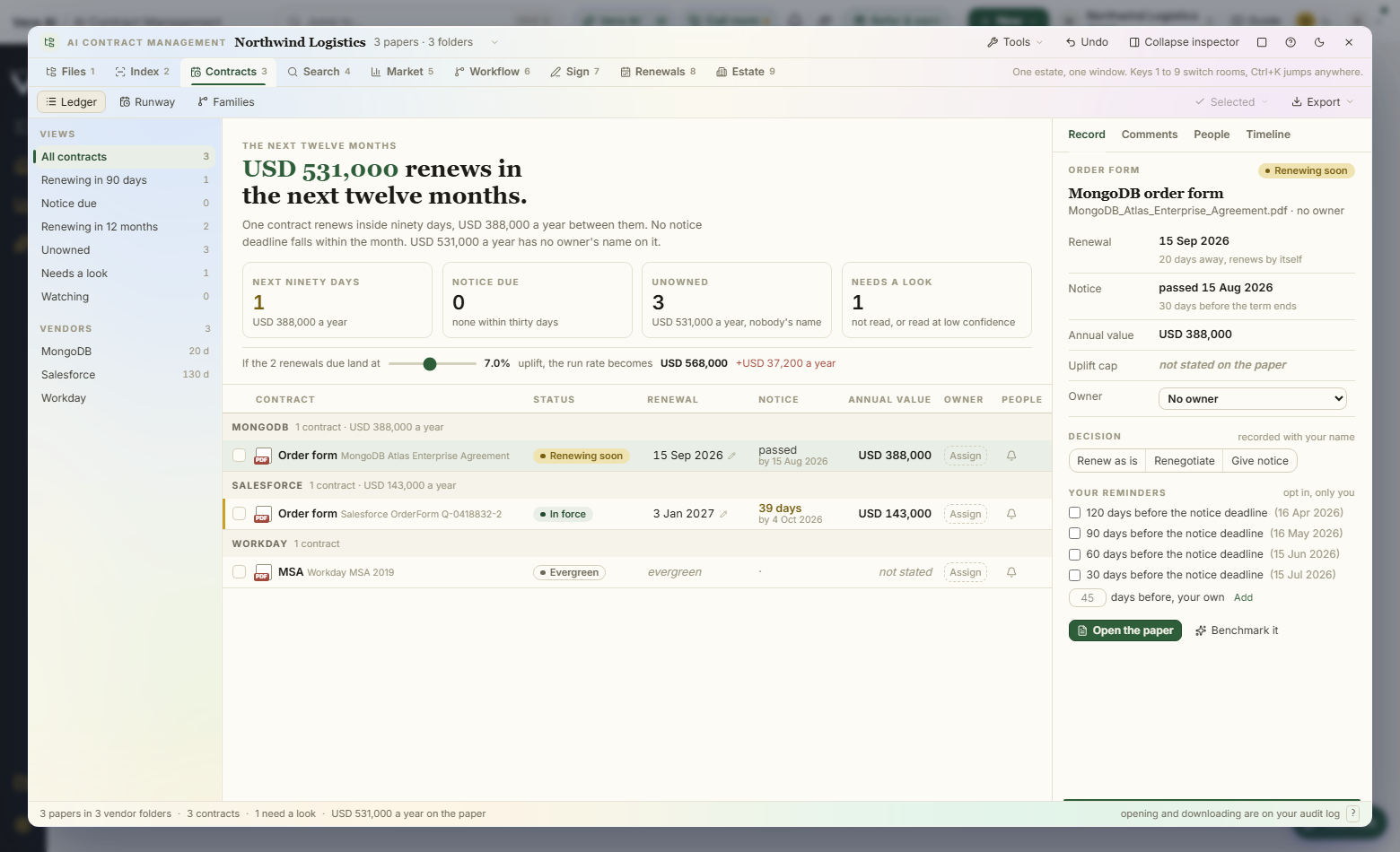 The Contracts room: the stake, the runway and the ledger
