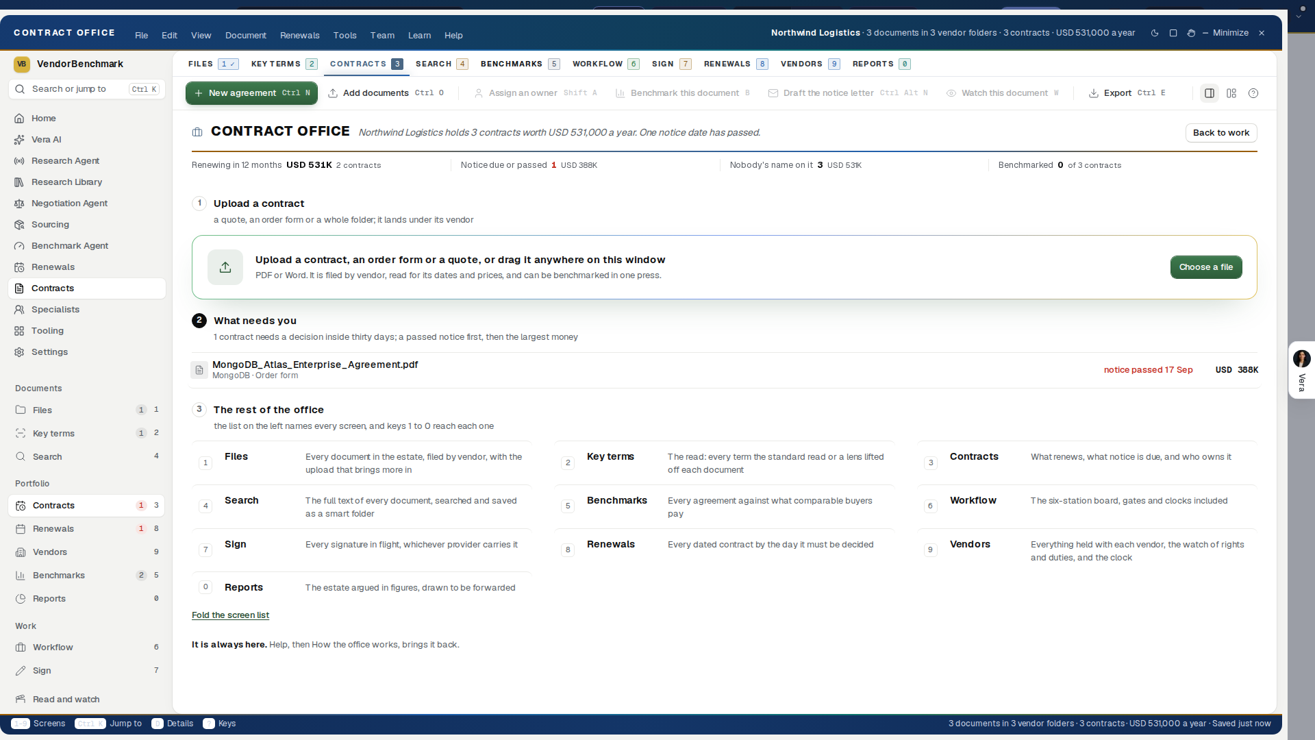The Contract Office's first screen: what needs you, the four figures in one row, the upload, and the contracts that need a decision