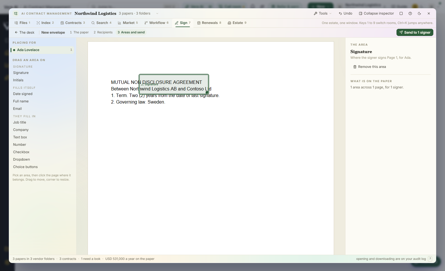 Placing the areas: twelve kinds in the rail, the area on the page, its settings beside it