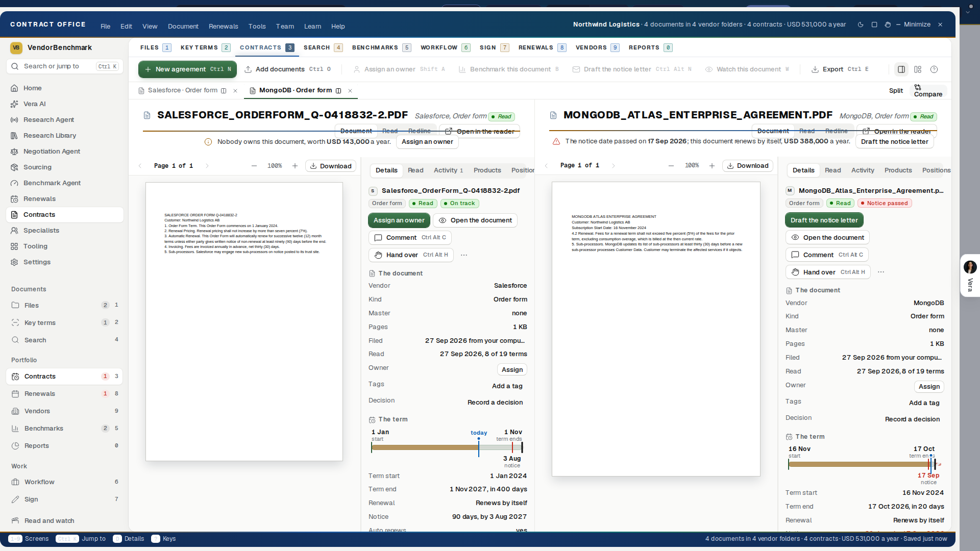 Two documents open as tabs, split side by side, Compare one press away