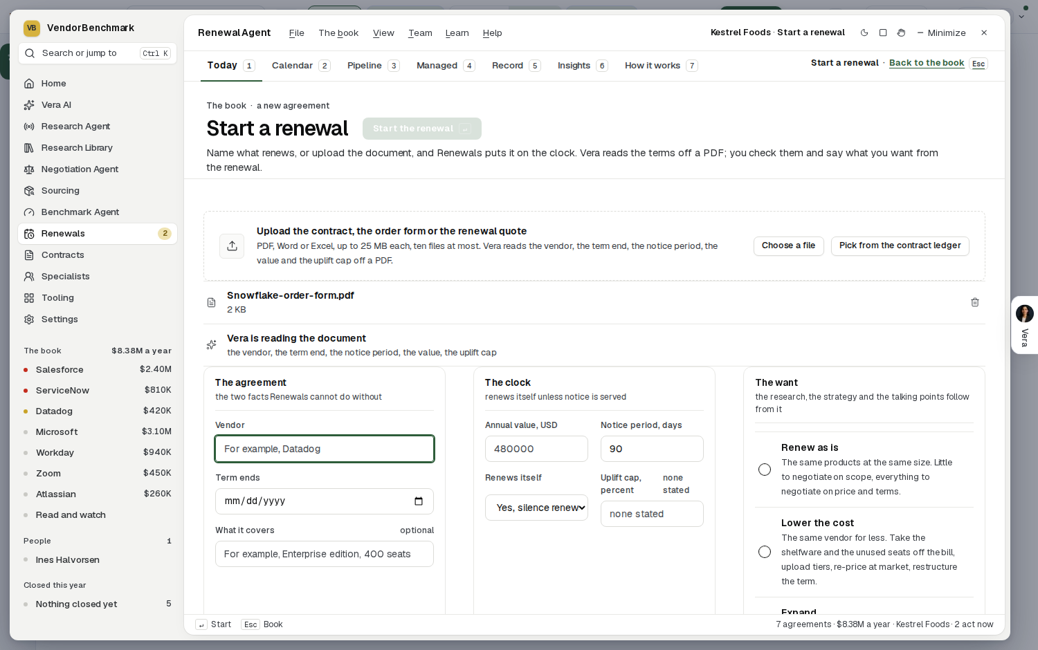 Start a renewal: the document, the agreement, the clock, the want and the owner side by side, one press