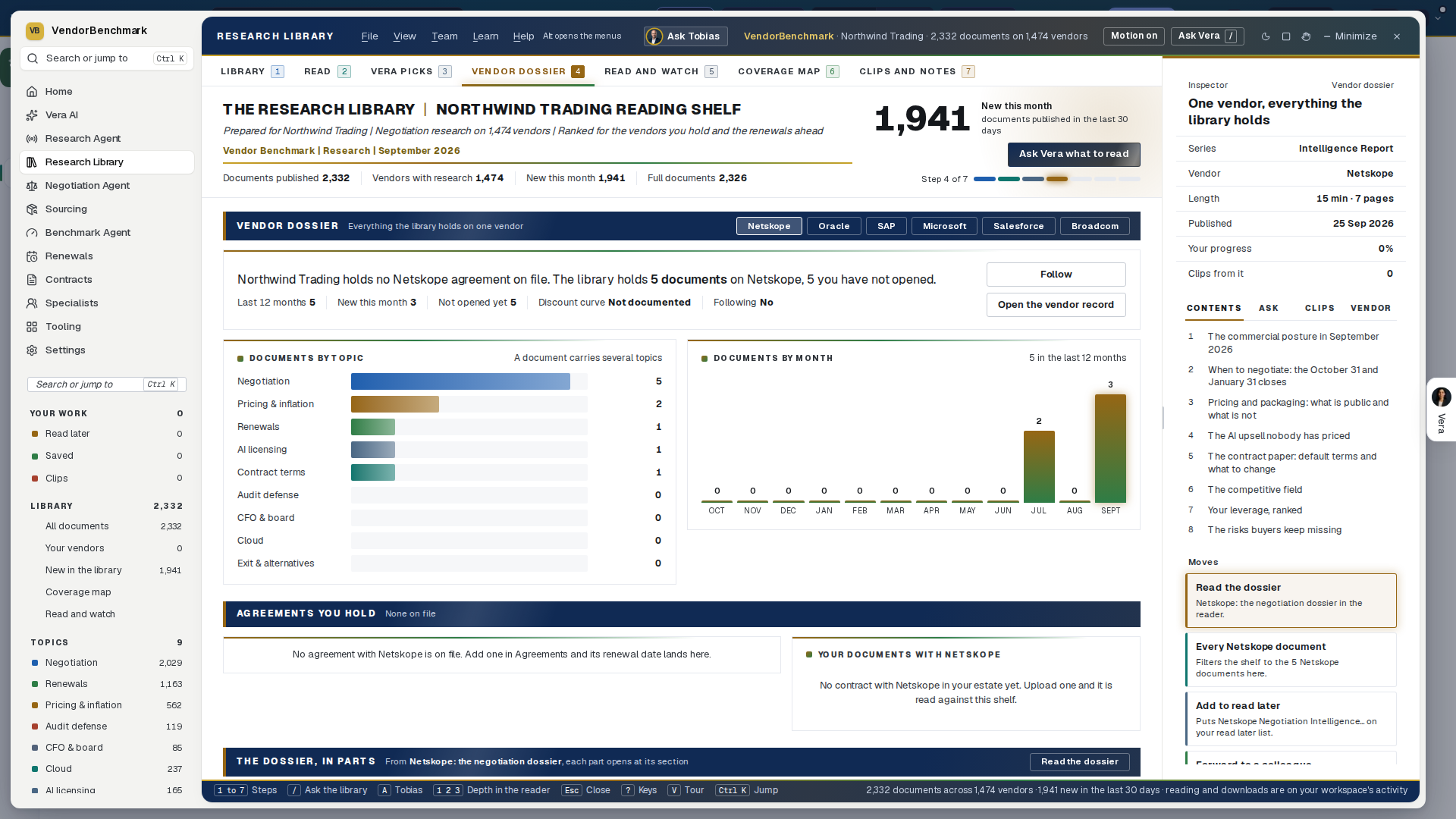 A vendor dossier: the stake, the documents by topic and by month, your agreements and the dossier's parts