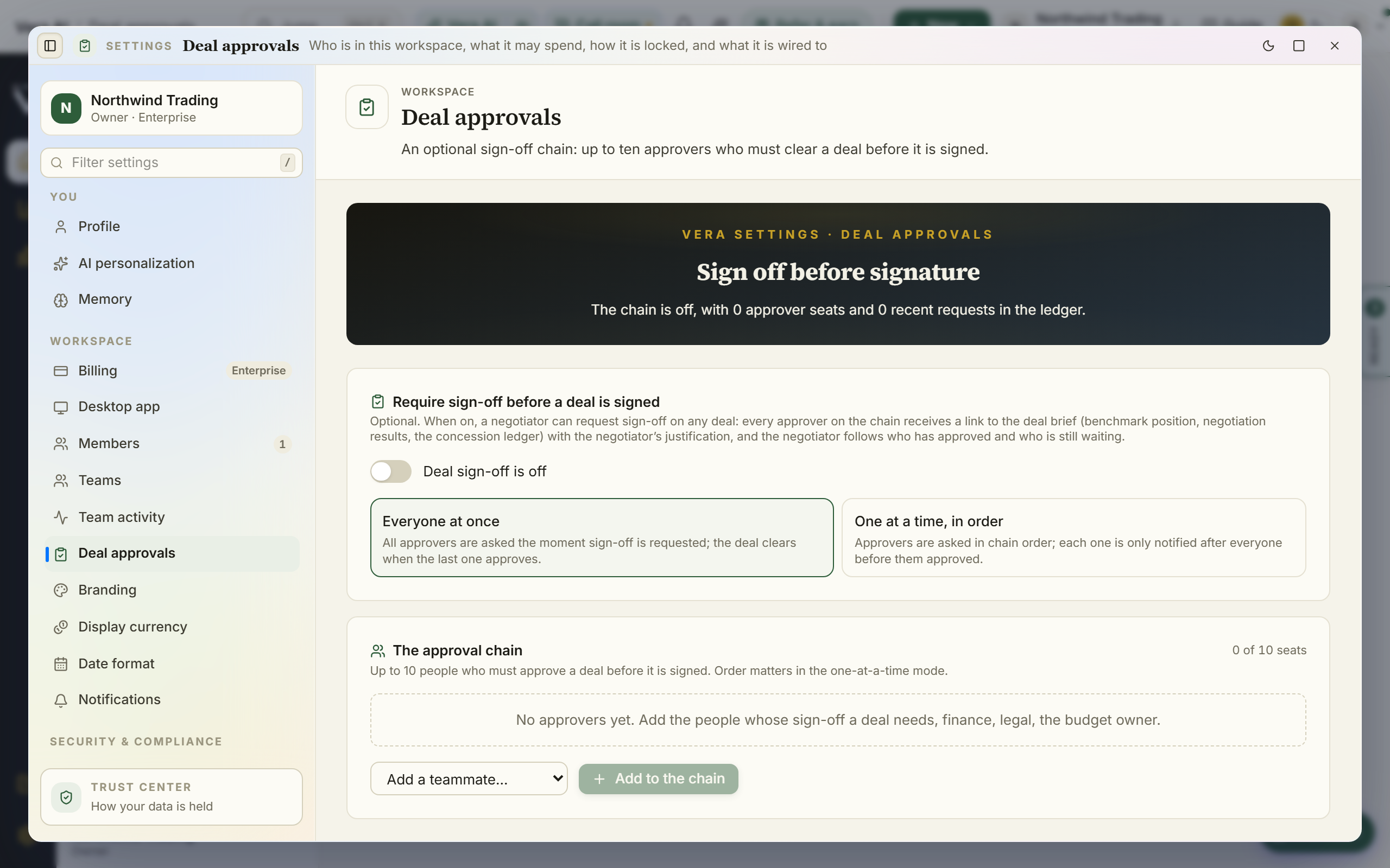 Deal approvals screen