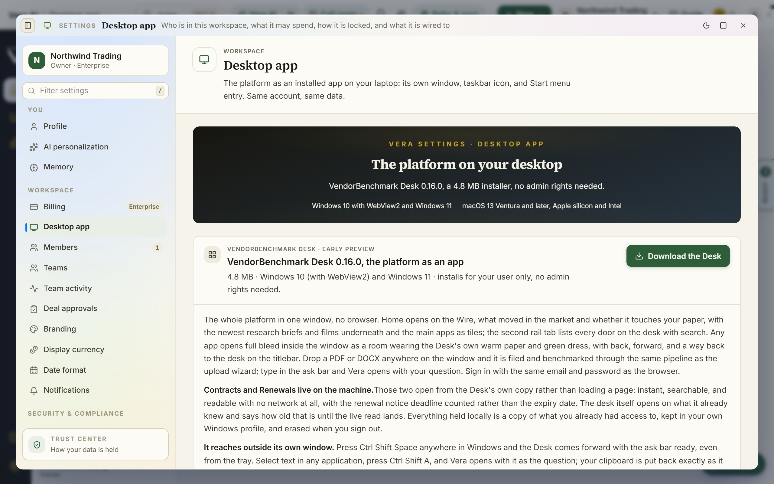 Settings › Desktop app: the installer and the steps