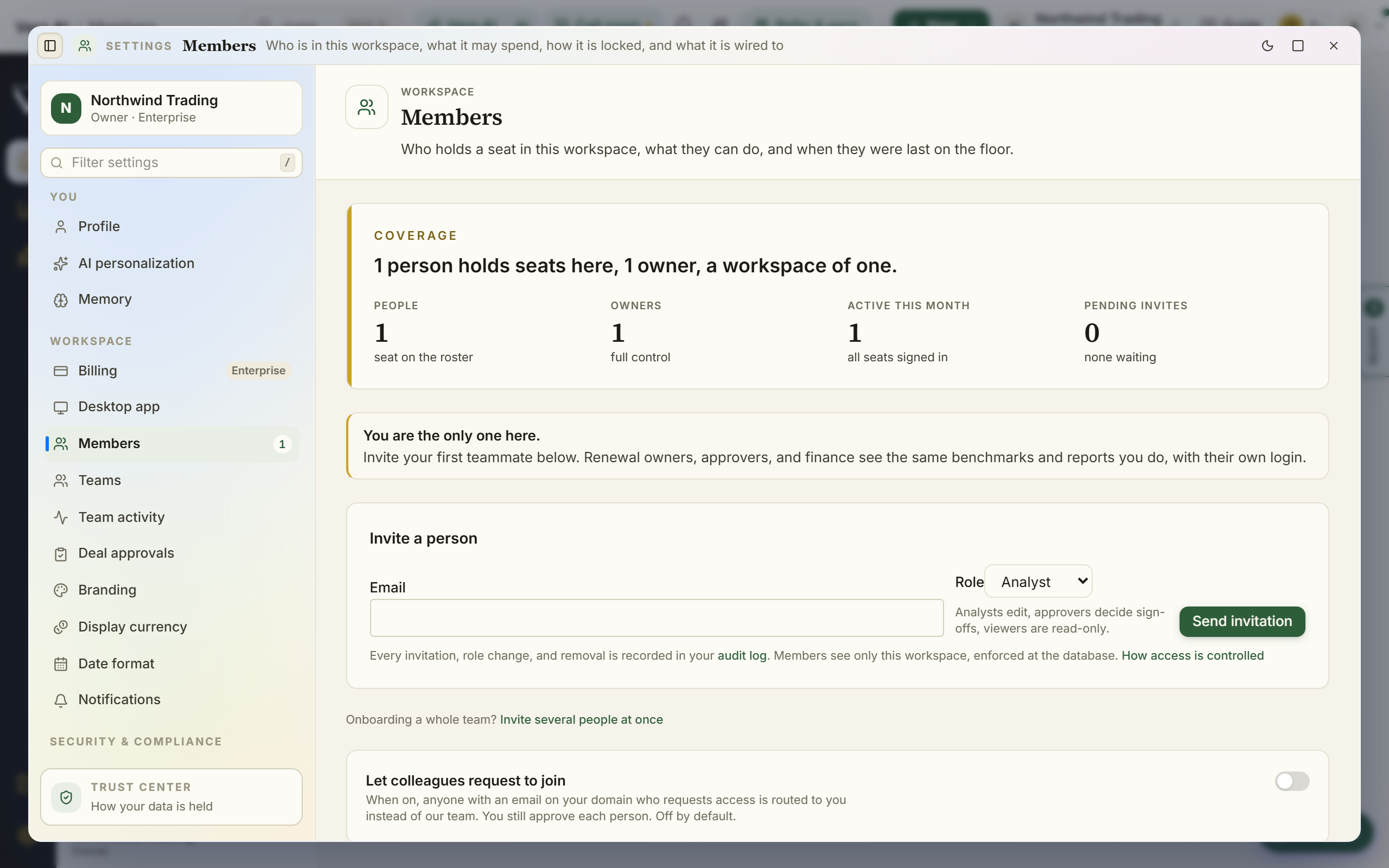 Managing members under Settings