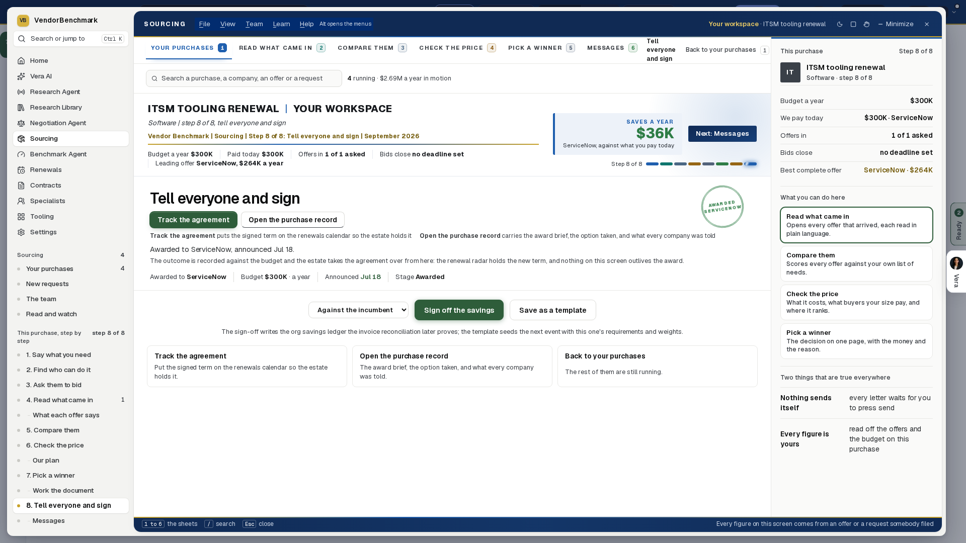 Tell everyone and sign on an awarded ITSM renewal: the head states the saving a year against what you pay today, and the award stamp names ServiceNow beside the title