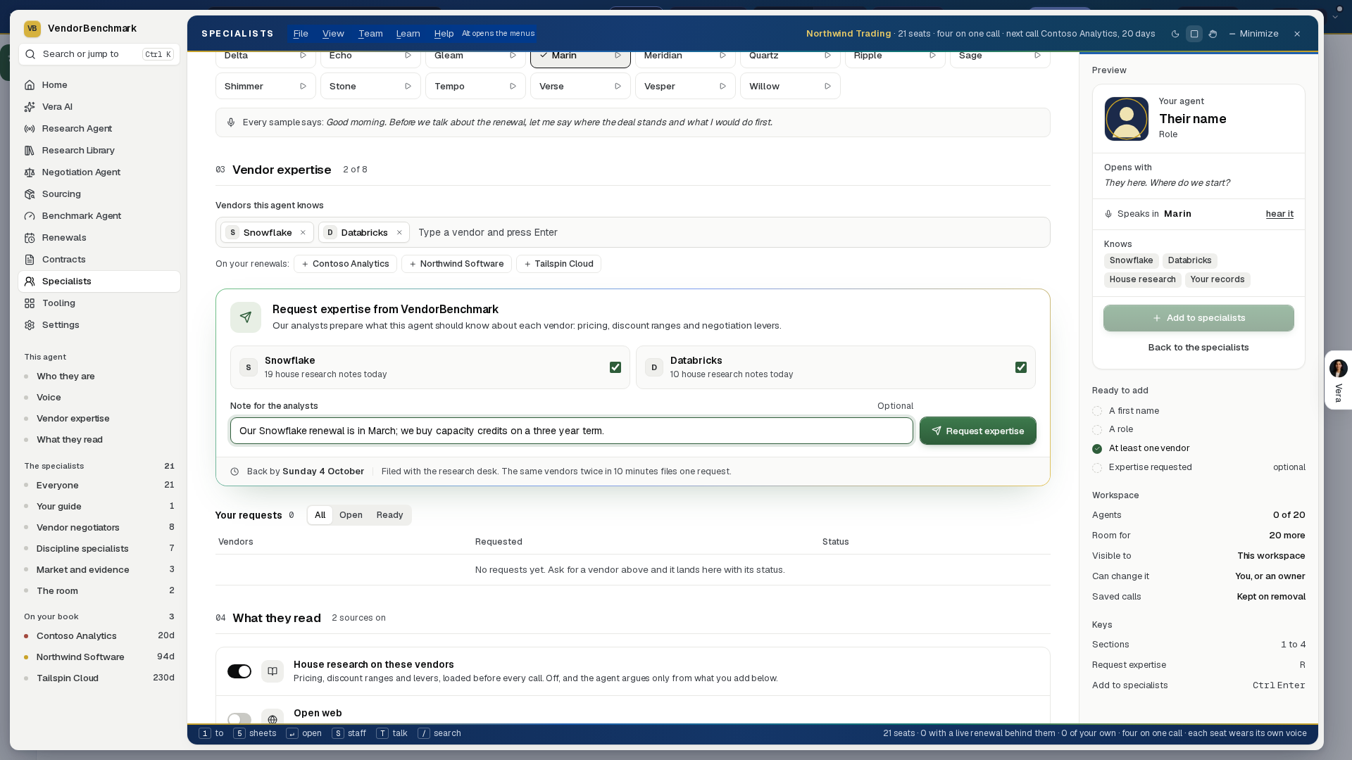 Ask VendorBenchmark for expertise on these vendors: Snowflake and Databricks chosen, a note on what the agent needs to know, and Request expertise