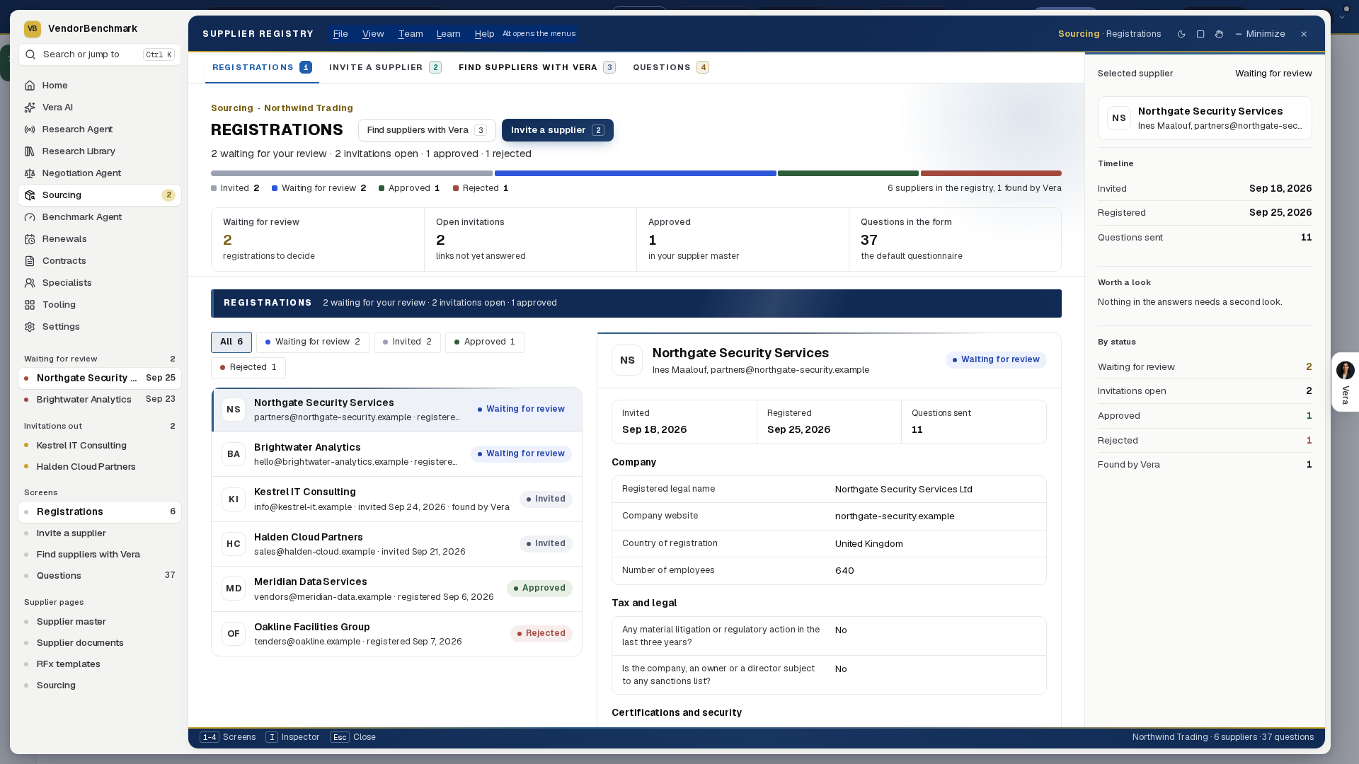 The Supplier registry: registrations waiting for review and invitations out down the left, the registry by status under the head, a supplier's answers beside the list, and its timeline in the inspector