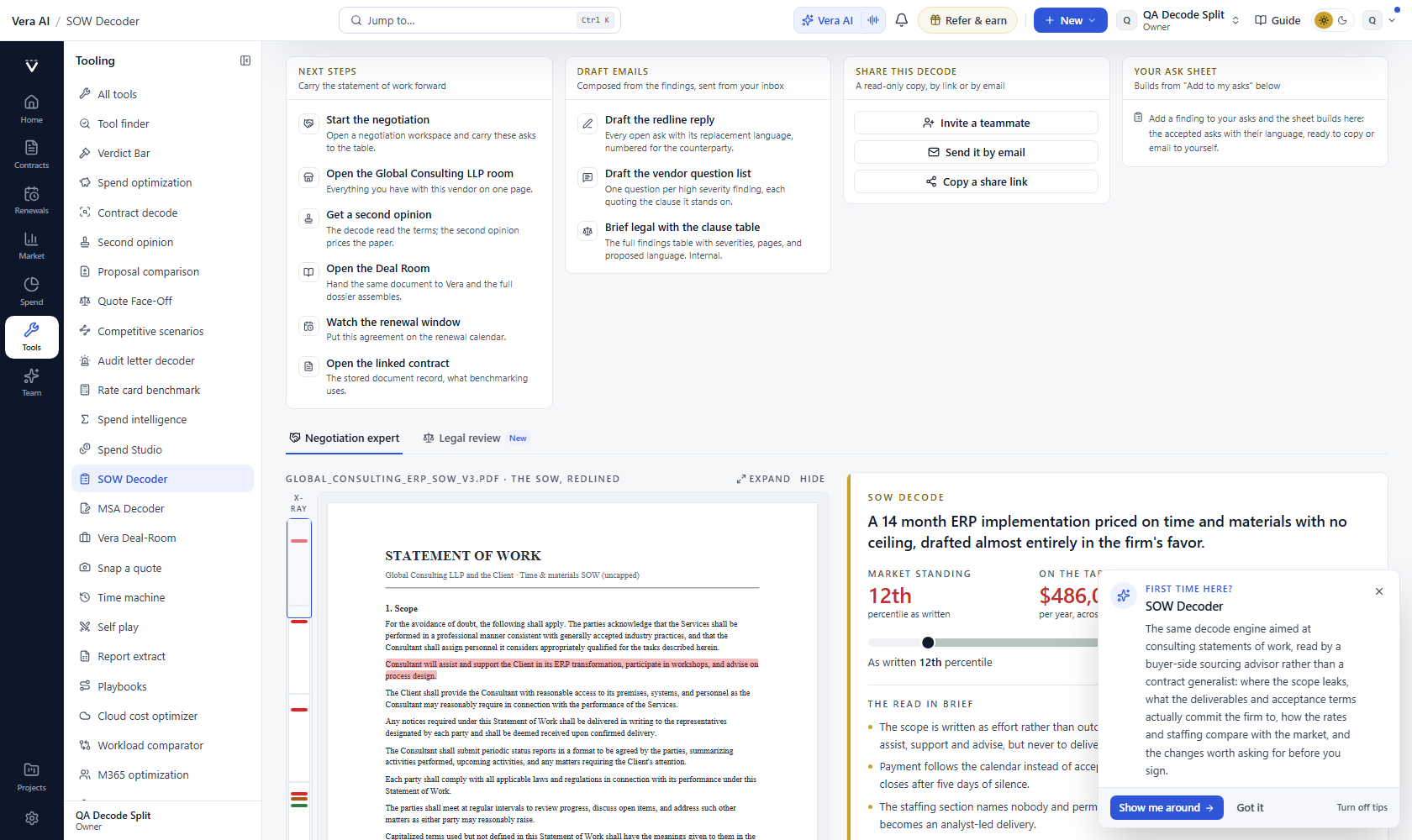 The split review: the redlined document beside the report