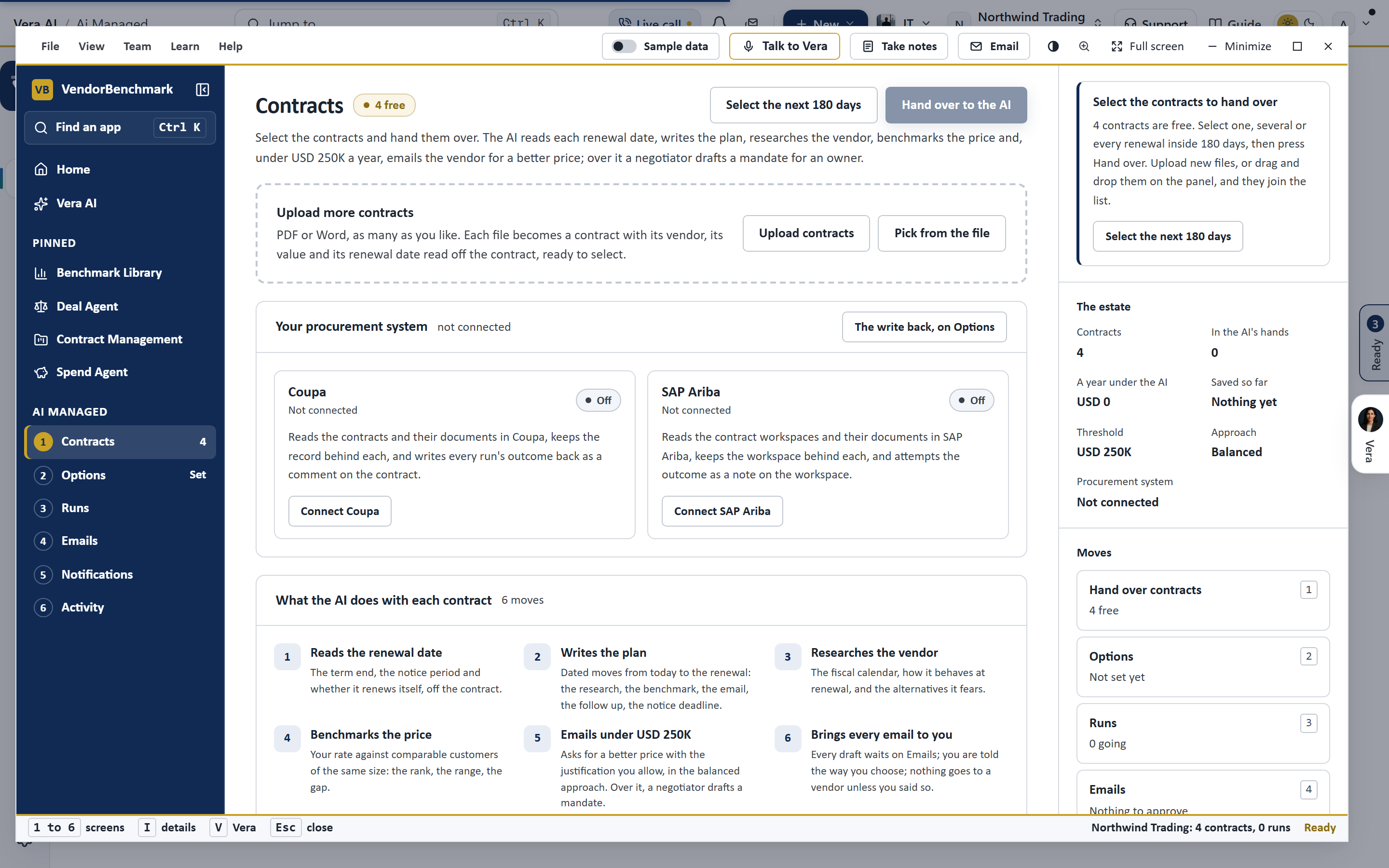 The AI Managed Contracts screen scrolled to the procurement system strip with Coupa connected