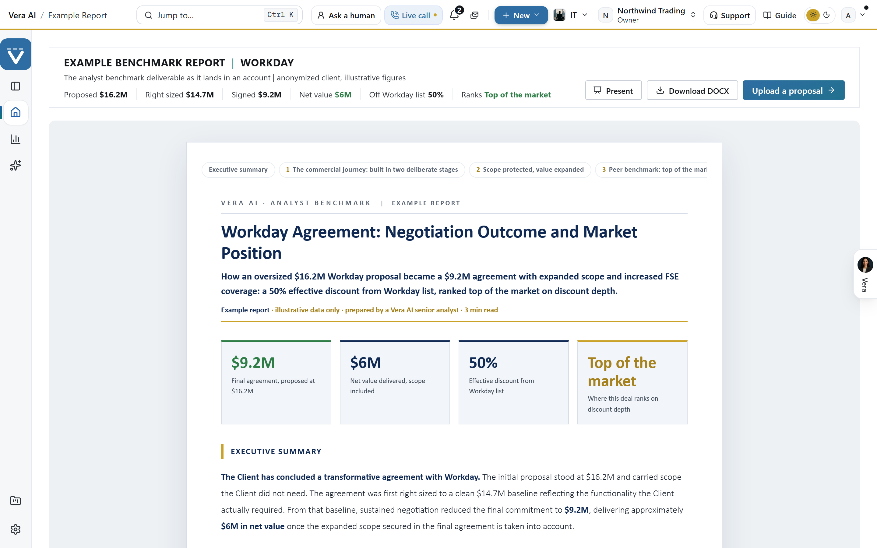 The Benchmark Agent report room showing a section rail beside the paper, four pinned summary figures, and a details pane open on a selected line item.