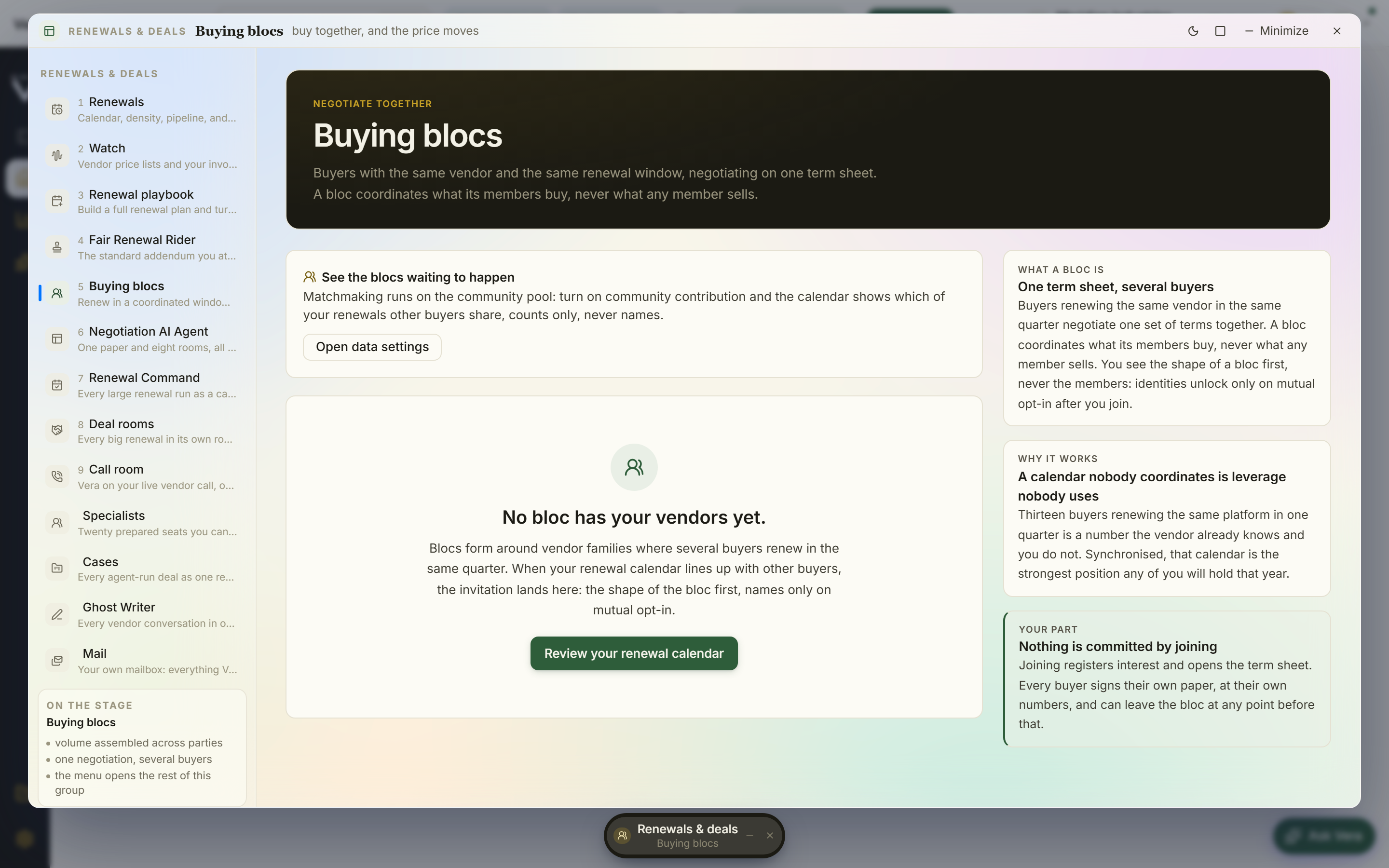 A Buying Bloc: opt-in members negotiating one shared term sheet in a shared window, with a k-anonymous concession wire