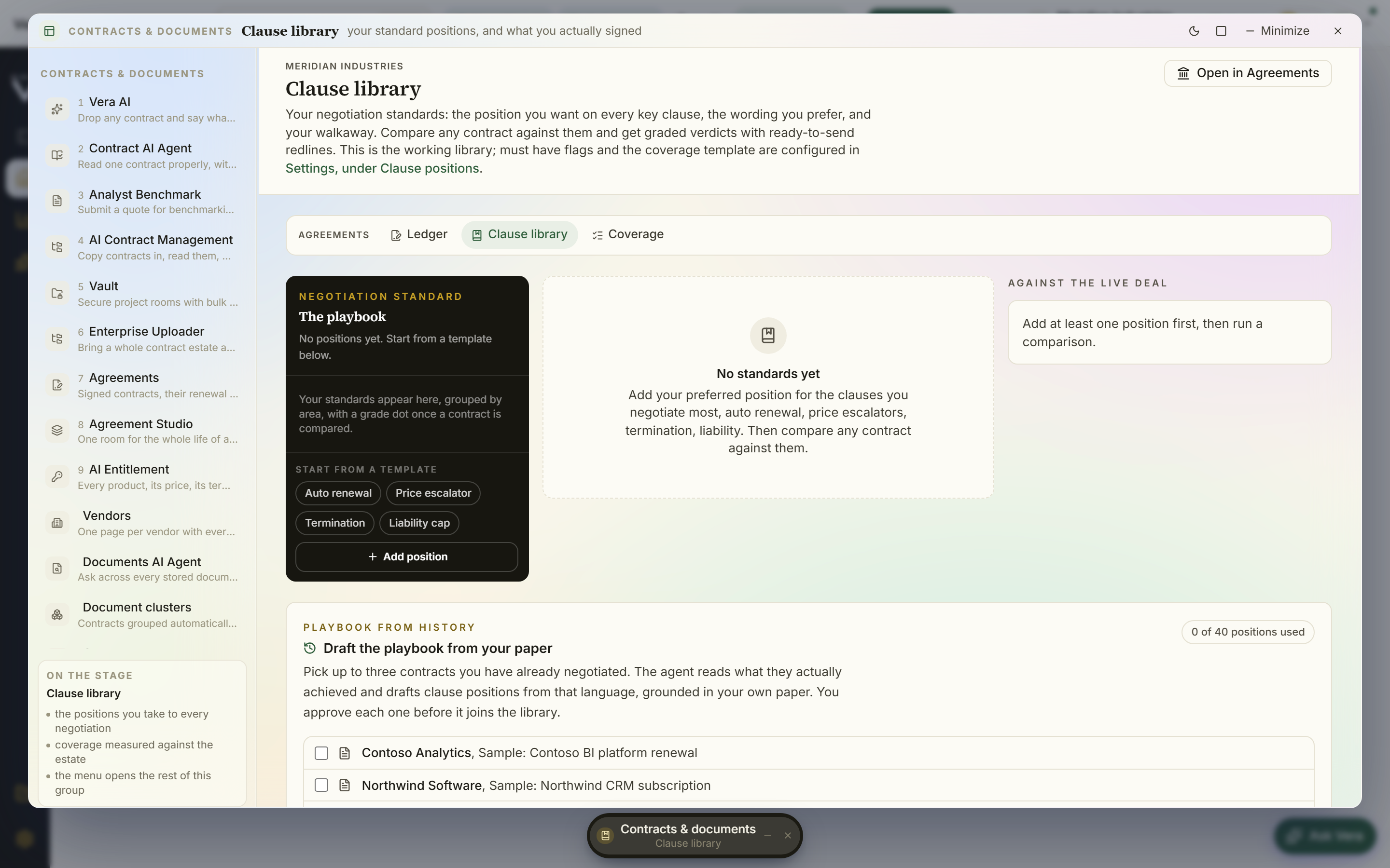 The clause library: your position, pre-approved wording, and walkaway codified for each clause, ready for every AI engine to negotiate from