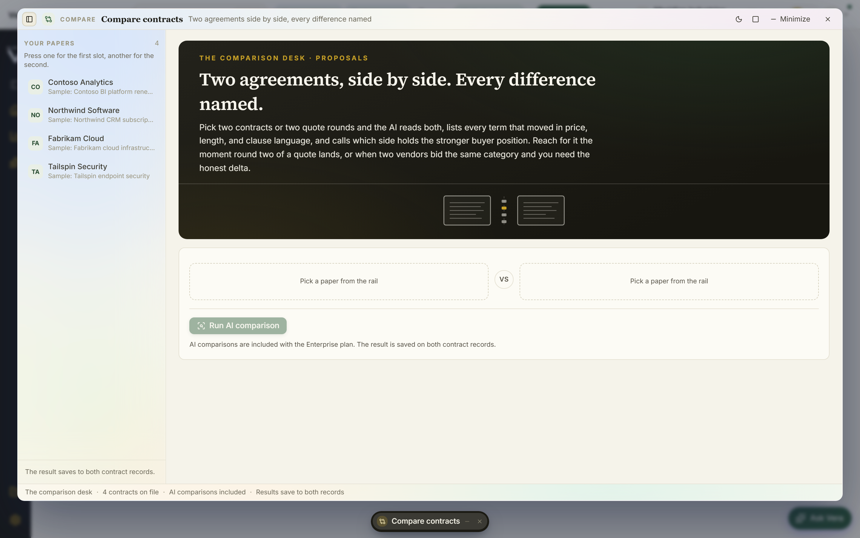 Compare contracts: two agreements picked side by side for the AI read