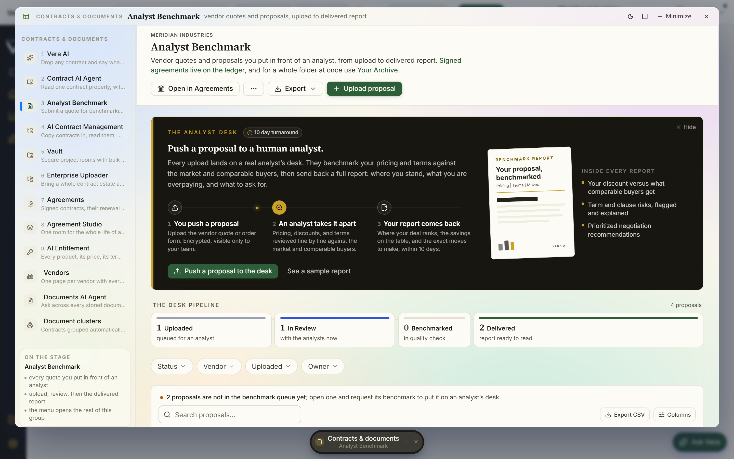 The contract track: upload, let the AI analyst read it, run the redline review, compare against another agreement, and search inside everything you uploaded.