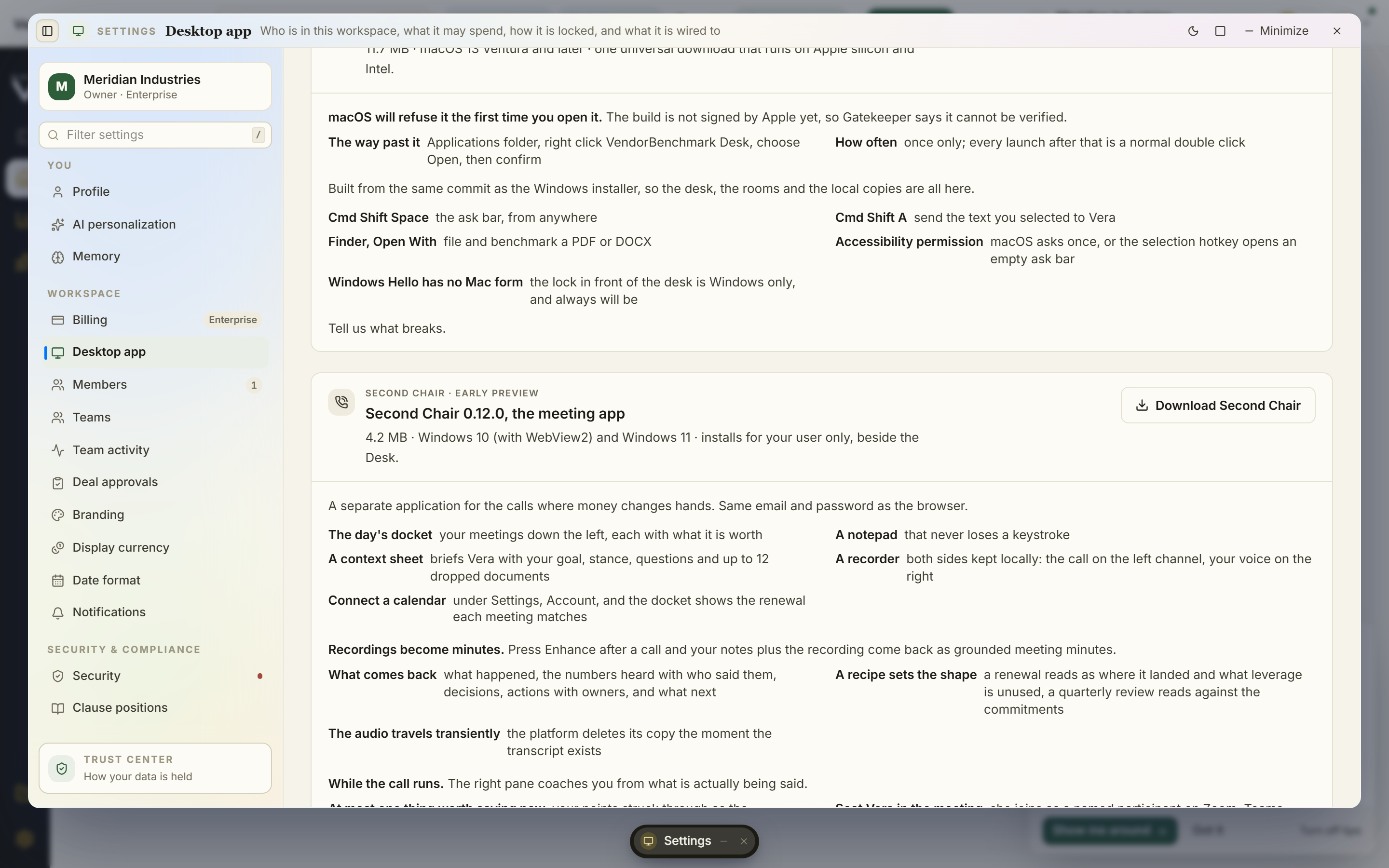 The desktop app page showing Second Chair, the meeting app: the day's docket, the context sheet that briefs Vera, and the recorder that turns a call into minutes