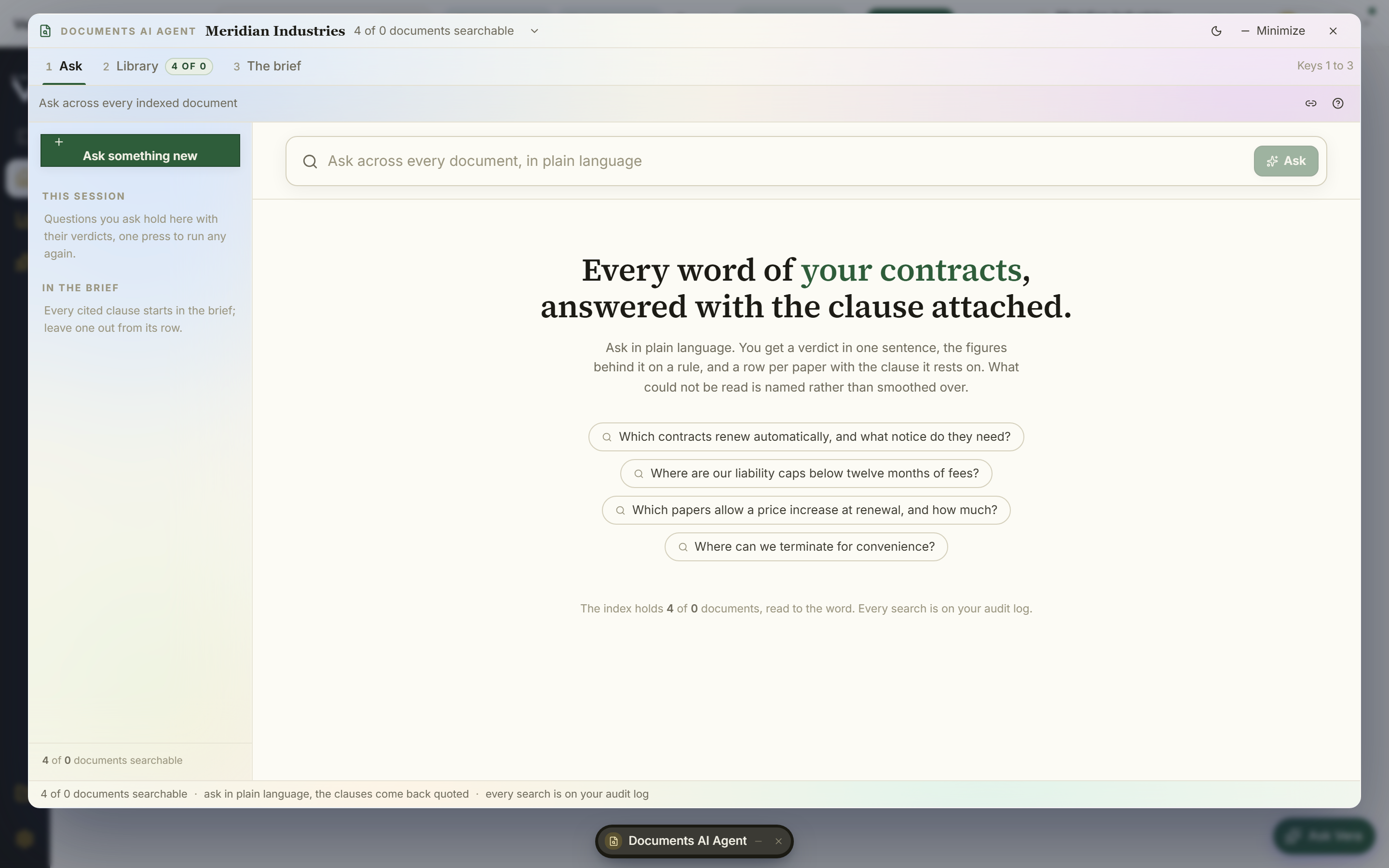 Ask the archive: plain English in, the exact clause out, cited to the contract it came from