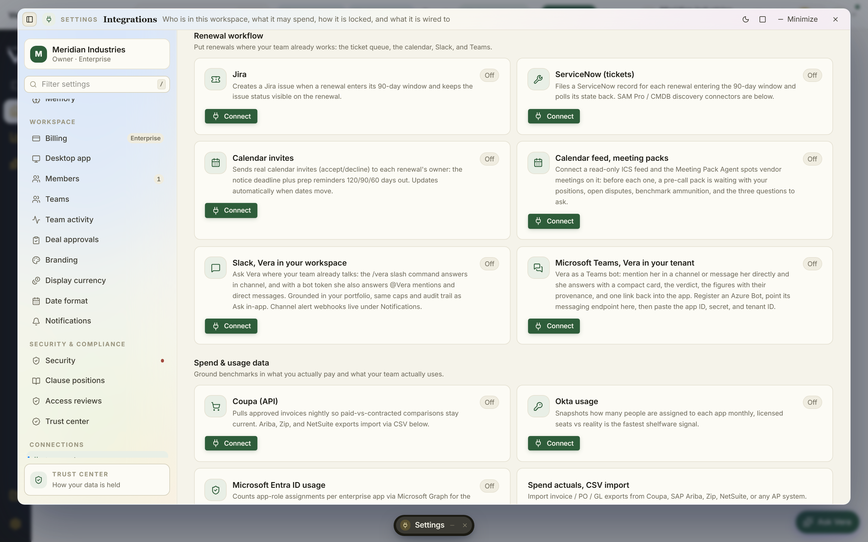 Renewal workflow and spend connections: Jira, ServiceNow, calendar invites, the Slack bot, Coupa, Okta, Entra ID, and CSV imports.