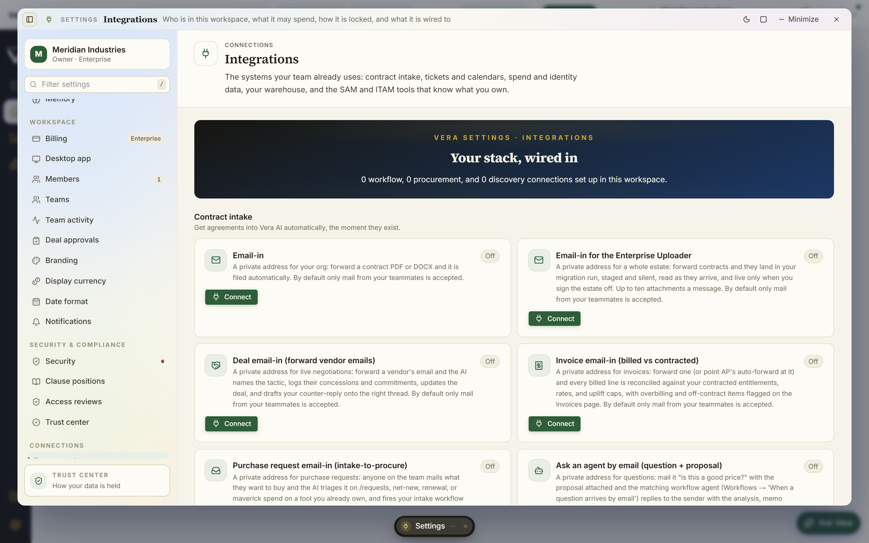 Contract intake connections: email-in rails, DocuSign, Ironclad, and folder watch on Drive, SharePoint, and Box.