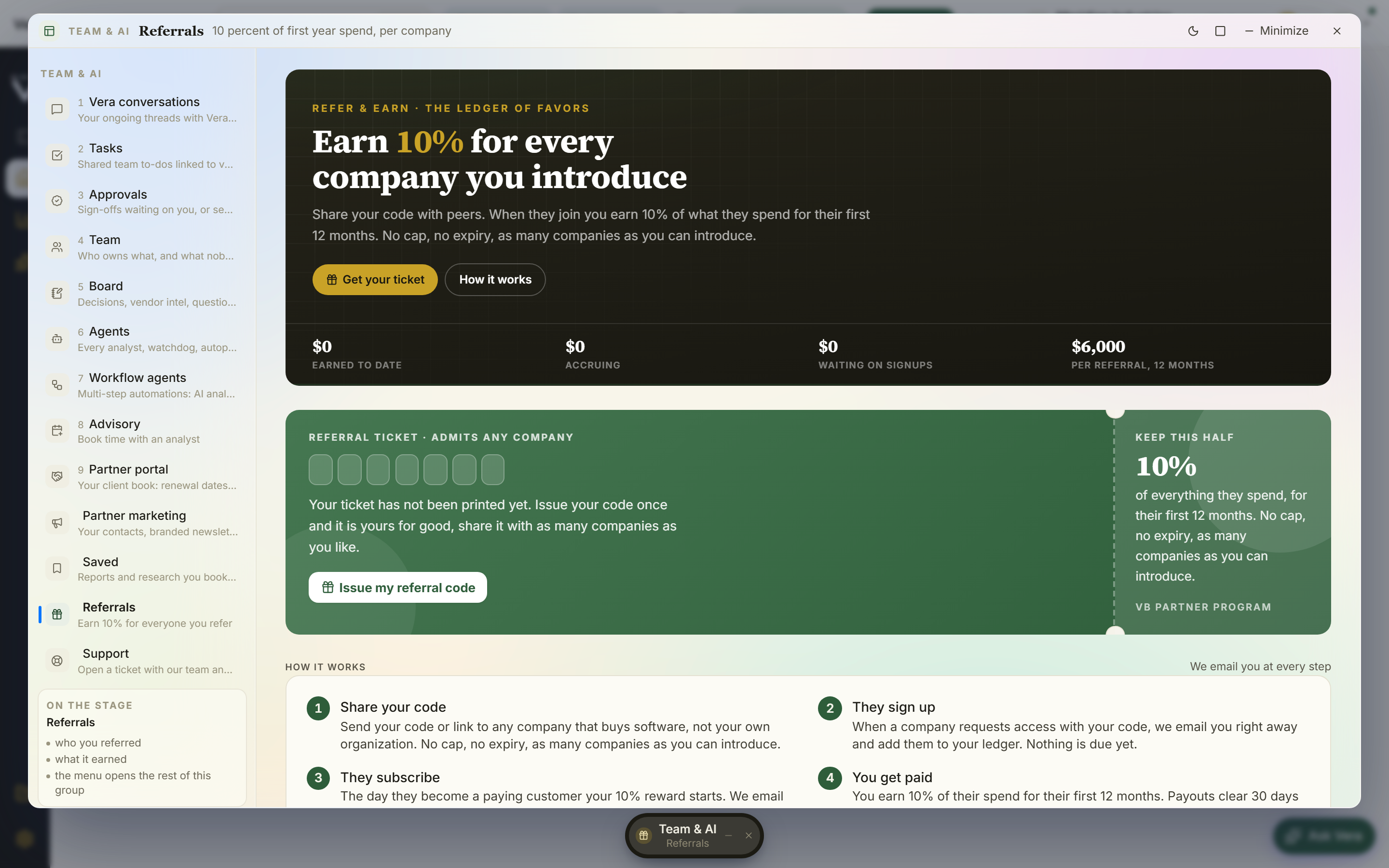 The Vera AI referrals dashboard: your invite link, an earnings meter, and the Invited to Paid out pipeline