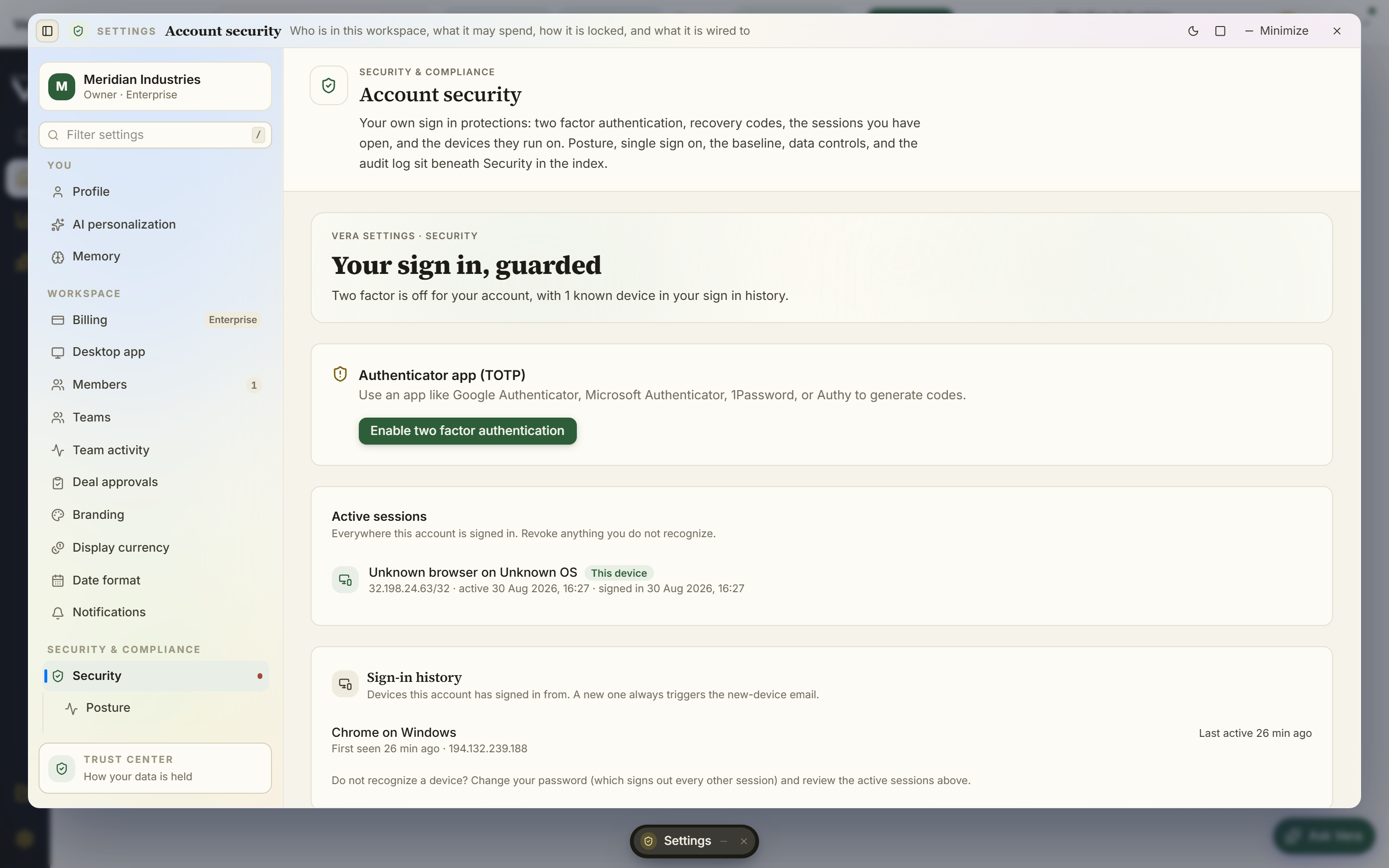 The Vera AI Security Center: MFA coverage, SSO enforcement, retention policy, API keys, and the audit stream