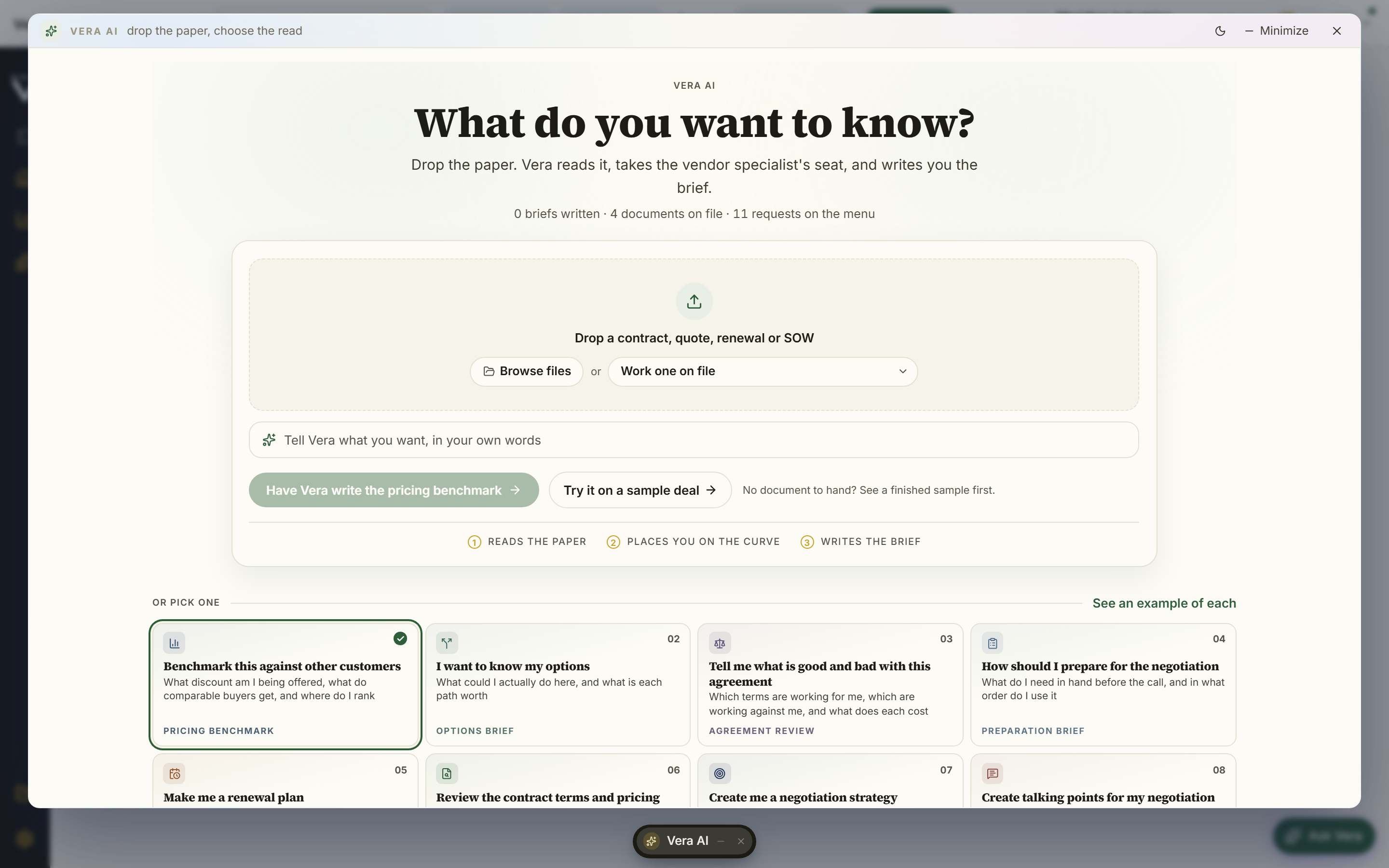 Ask Vera, the grounded AI analyst: a streaming answer over your contracts and the market, with cited figures
