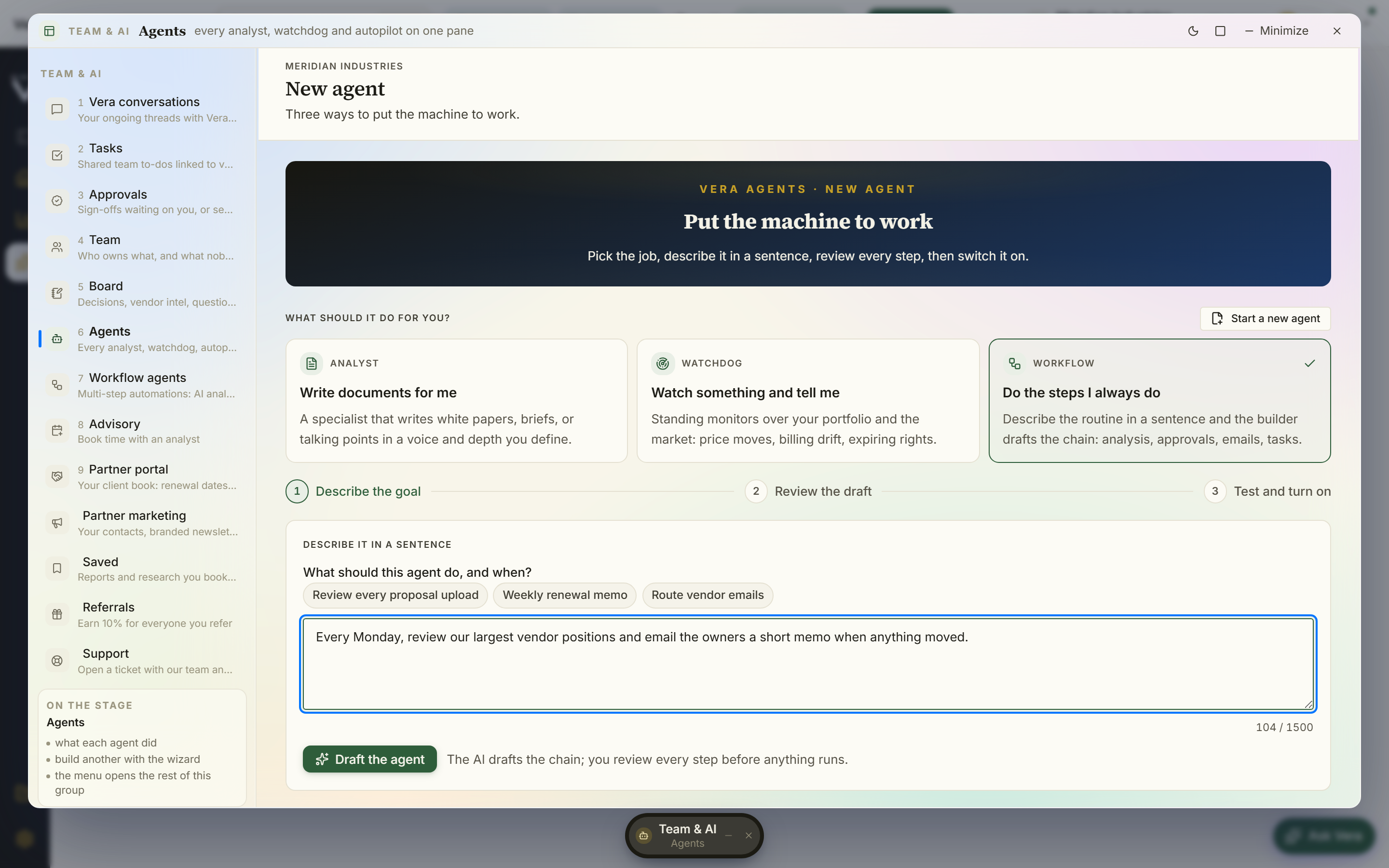 The no-code workflow builder: name the workflow, pick a trigger, and stack AI analysis, if/then, email, Slack, and task steps