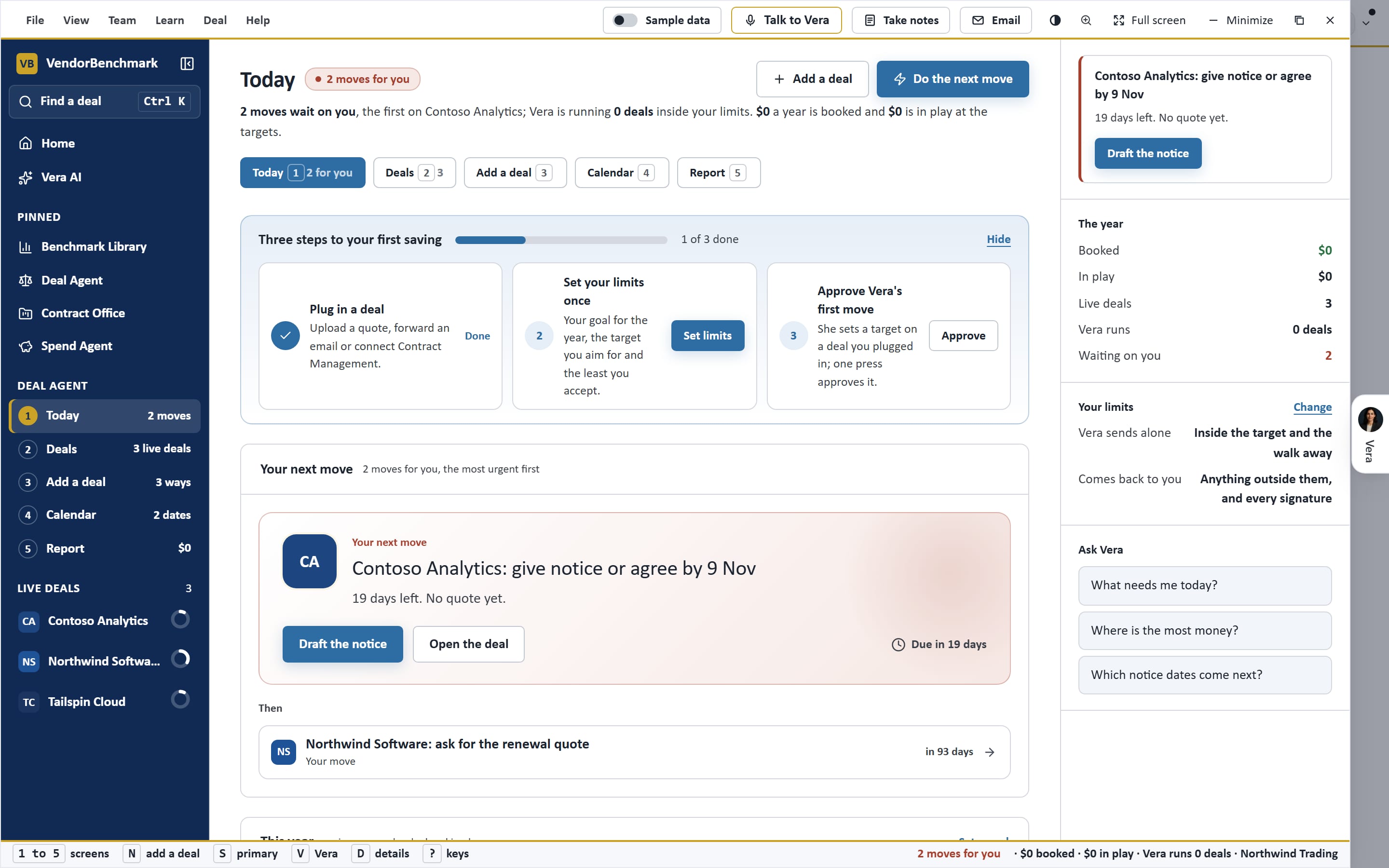 The Deal Agent: every renewal on the clock, ranked by notice date and money, with Contoso Analytics due in 20 days